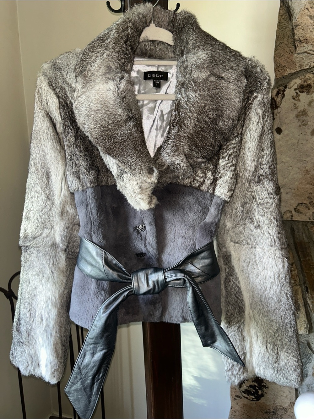 bebe Gray real rabbit Fur and met leather Belted coat